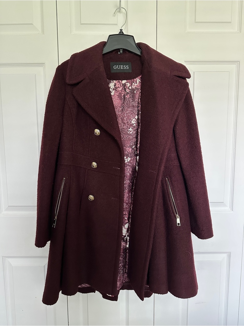 GUESS Women's Wine Double-Breasted Pea Coat with Gold Buttons